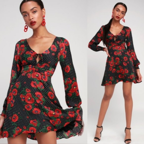 Free People Morning Light Floral Poppy Black/Red Polka Dot Mini Dress XS/S - Picture 5 of 16